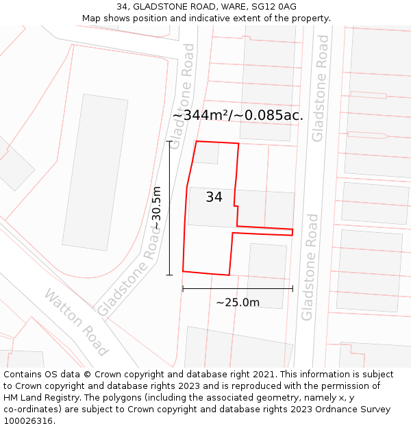34, GLADSTONE ROAD, WARE, SG12 0AG: Plot and title map