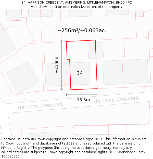 34, HARRISON CRESCENT, ANGMERING, LITTLEHAMPTON, BN16 4PD: Plot and title map