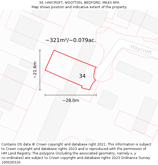 34, HAYCROFT, WOOTTON, BEDFORD, MK43 9PA: Plot and title map