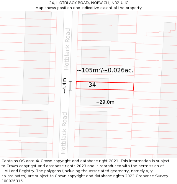 34, HOTBLACK ROAD, NORWICH, NR2 4HG: Plot and title map