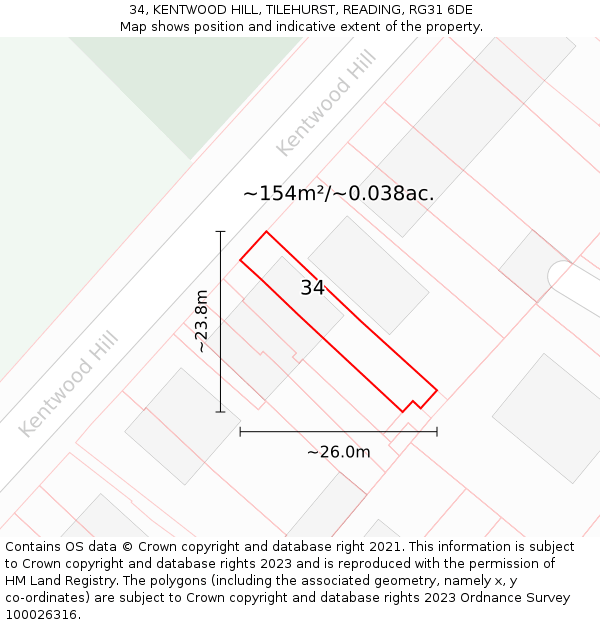 34, KENTWOOD HILL, TILEHURST, READING, RG31 6DE: Plot and title map