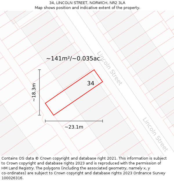 34, LINCOLN STREET, NORWICH, NR2 3LA: Plot and title map