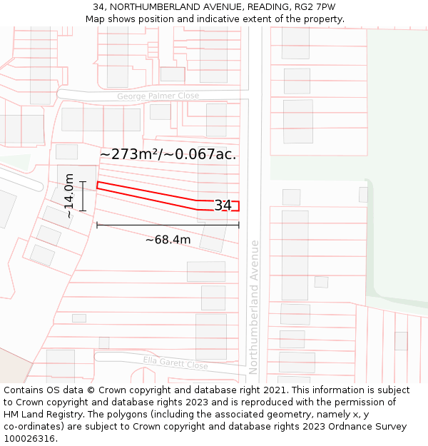 34, NORTHUMBERLAND AVENUE, READING, RG2 7PW: Plot and title map