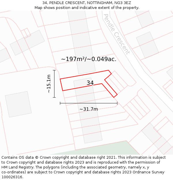 34, PENDLE CRESCENT, NOTTINGHAM, NG3 3EZ: Plot and title map