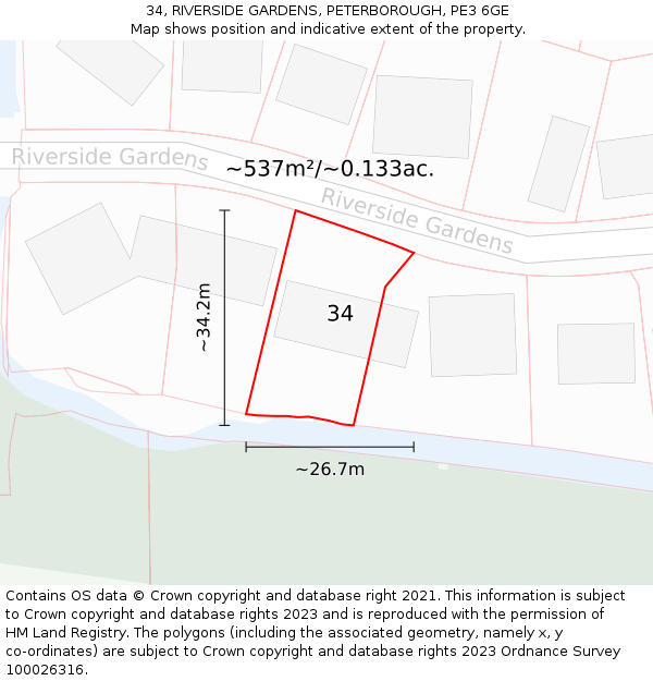 34, RIVERSIDE GARDENS, PETERBOROUGH, PE3 6GE: Plot and title map