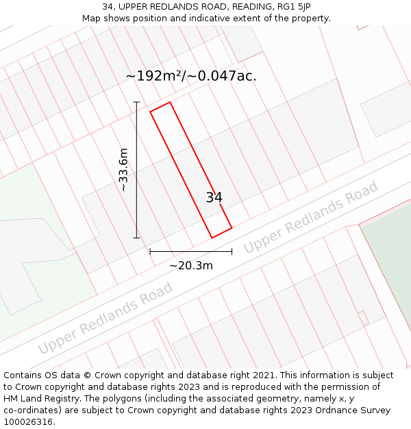 34, UPPER REDLANDS ROAD, READING, RG1 5JP: Plot and title map