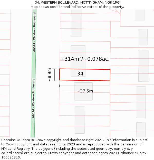 34, WESTERN BOULEVARD, NOTTINGHAM, NG8 1PG: Plot and title map