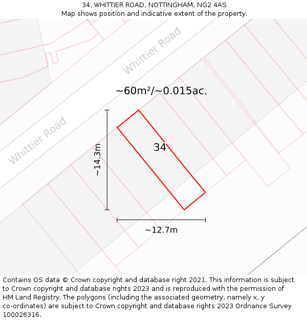 34, WHITTIER ROAD, NOTTINGHAM, NG2 4AS: Plot and title map