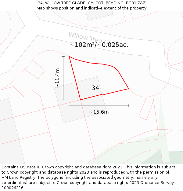 34, WILLOW TREE GLADE, CALCOT, READING, RG31 7AZ: Plot and title map