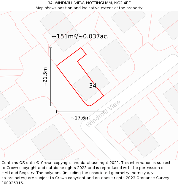 34, WINDMILL VIEW, NOTTINGHAM, NG2 4EE: Plot and title map