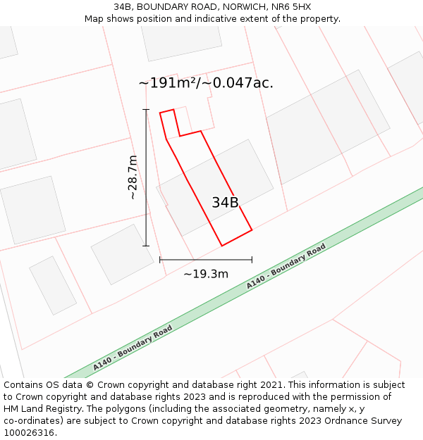 34B, BOUNDARY ROAD, NORWICH, NR6 5HX: Plot and title map