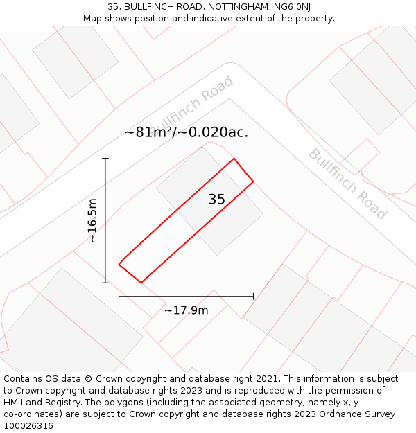 35, BULLFINCH ROAD, NOTTINGHAM, NG6 0NJ: Plot and title map
