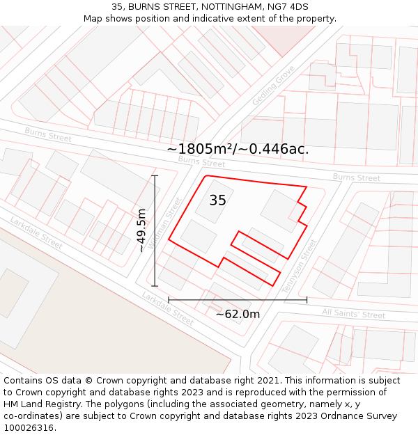 35, BURNS STREET, NOTTINGHAM, NG7 4DS: Plot and title map