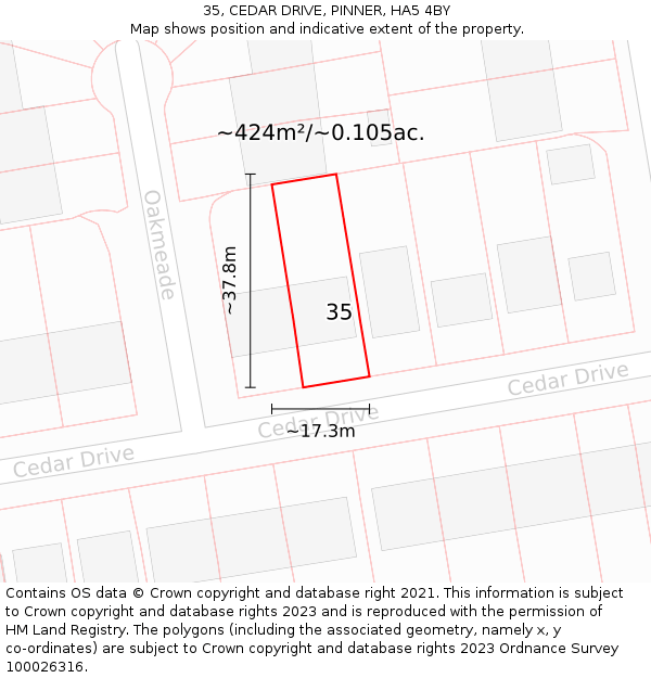 35, CEDAR DRIVE, PINNER, HA5 4BY: Plot and title map
