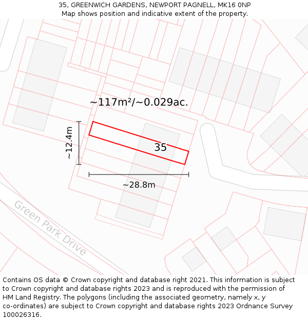 35, GREENWICH GARDENS, NEWPORT PAGNELL, MK16 0NP: Plot and title map