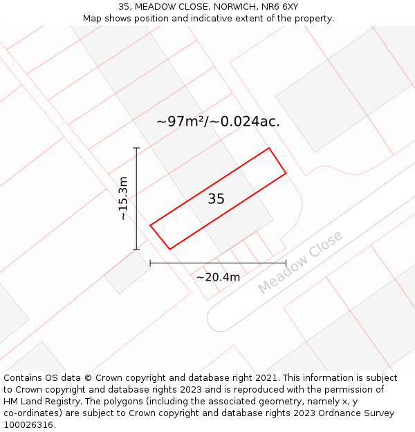 35, MEADOW CLOSE, NORWICH, NR6 6XY: Plot and title map