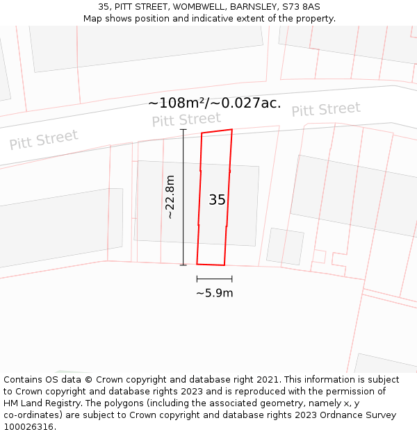 35, PITT STREET, WOMBWELL, BARNSLEY, S73 8AS: Plot and title map
