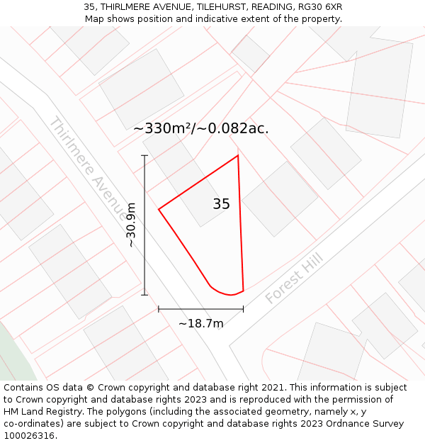 35, THIRLMERE AVENUE, TILEHURST, READING, RG30 6XR: Plot and title map