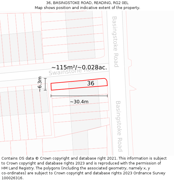 36, BASINGSTOKE ROAD, READING, RG2 0EL: Plot and title map