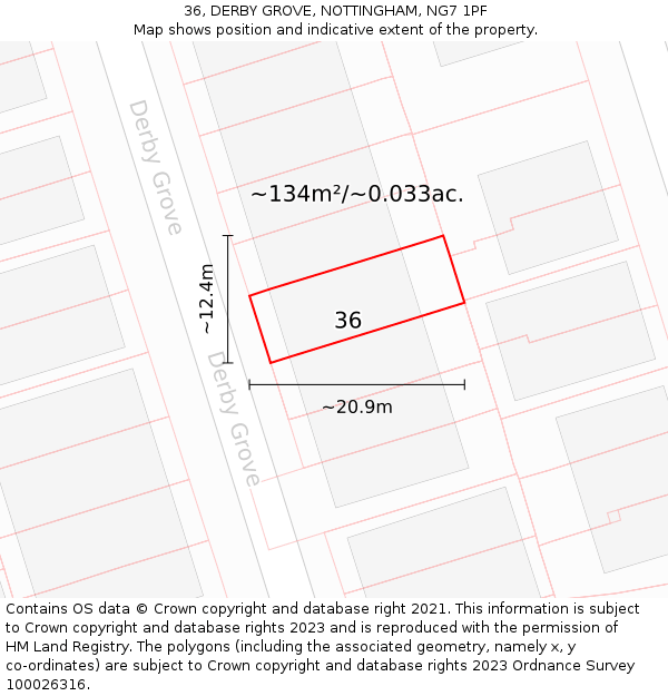 36, DERBY GROVE, NOTTINGHAM, NG7 1PF: Plot and title map