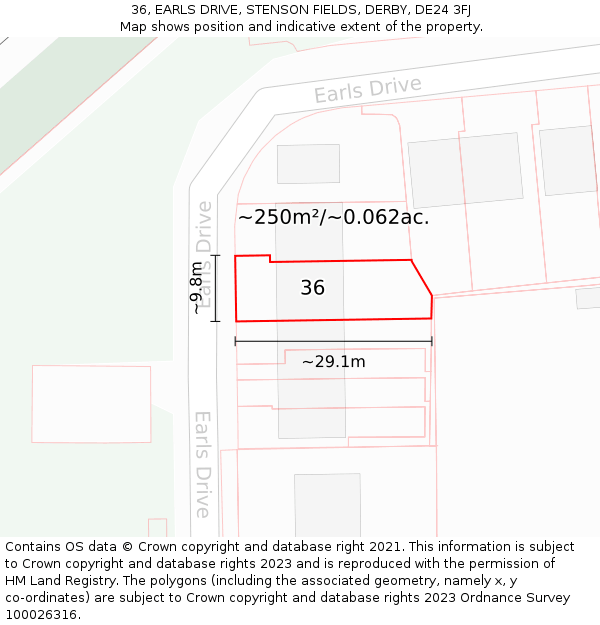36, EARLS DRIVE, STENSON FIELDS, DERBY, DE24 3FJ: Plot and title map