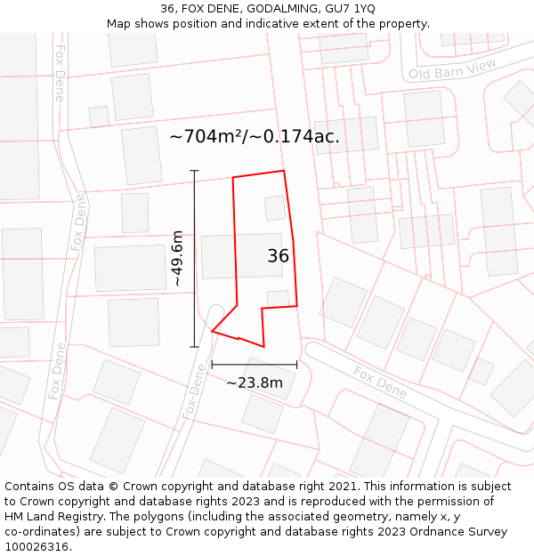 36, FOX DENE, GODALMING, GU7 1YQ: Plot and title map