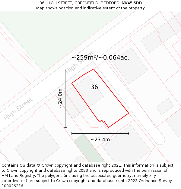 36, HIGH STREET, GREENFIELD, BEDFORD, MK45 5DD: Plot and title map