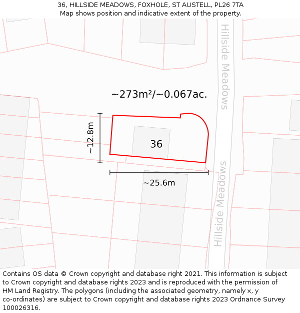 36, HILLSIDE MEADOWS, FOXHOLE, ST AUSTELL, PL26 7TA: Plot and title map