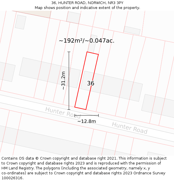 36, HUNTER ROAD, NORWICH, NR3 3PY: Plot and title map