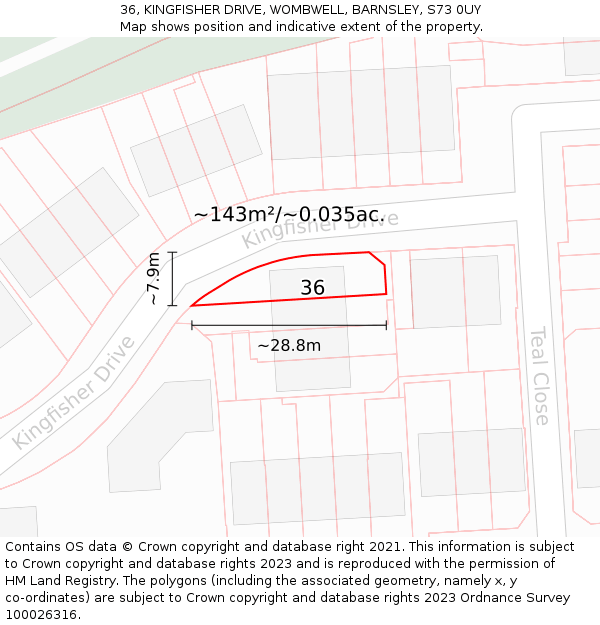 36, KINGFISHER DRIVE, WOMBWELL, BARNSLEY, S73 0UY: Plot and title map