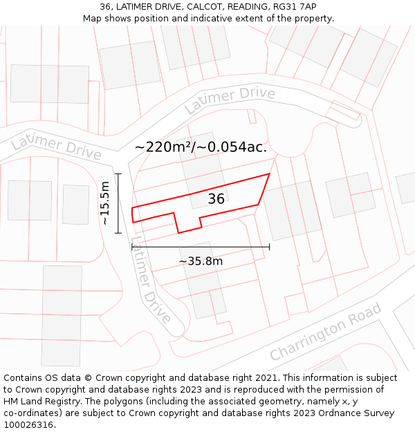 36, LATIMER DRIVE, CALCOT, READING, RG31 7AP: Plot and title map