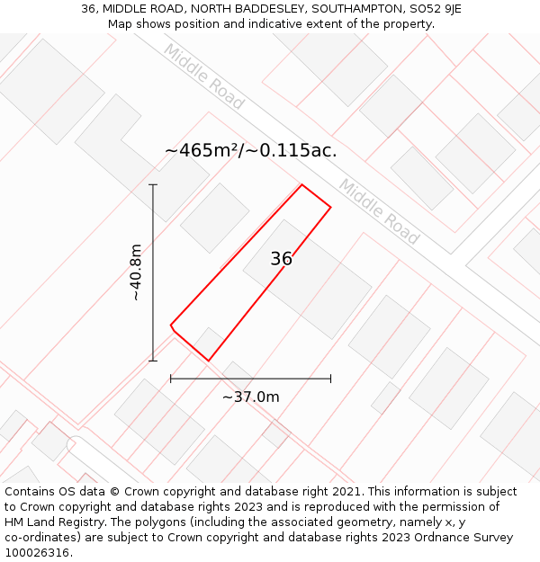 36, MIDDLE ROAD, NORTH BADDESLEY, SOUTHAMPTON, SO52 9JE: Plot and title map