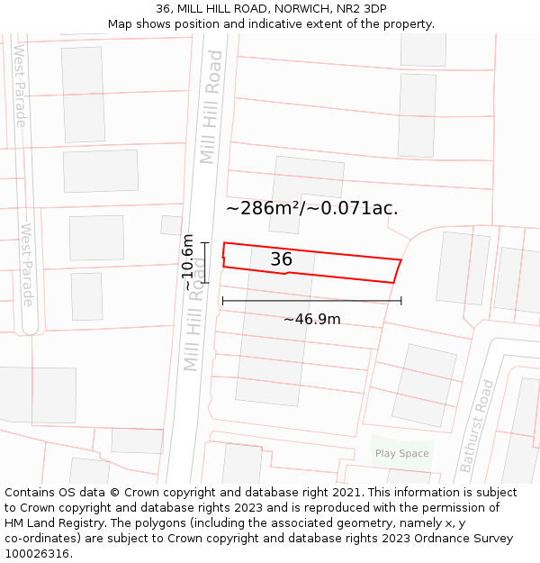 36, MILL HILL ROAD, NORWICH, NR2 3DP: Plot and title map