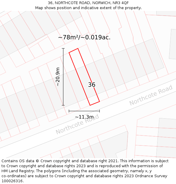 36, NORTHCOTE ROAD, NORWICH, NR3 4QF: Plot and title map
