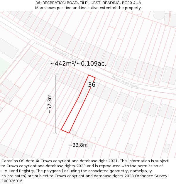 36, RECREATION ROAD, TILEHURST, READING, RG30 4UA: Plot and title map