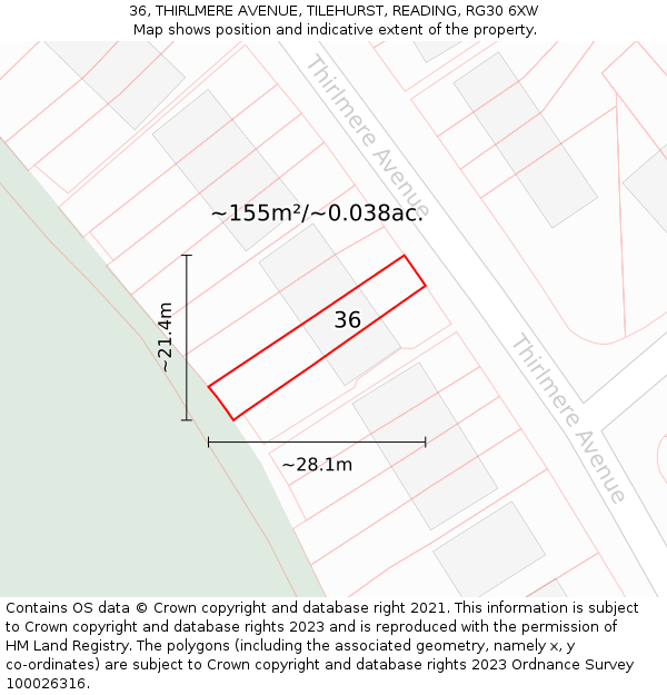 36, THIRLMERE AVENUE, TILEHURST, READING, RG30 6XW: Plot and title map