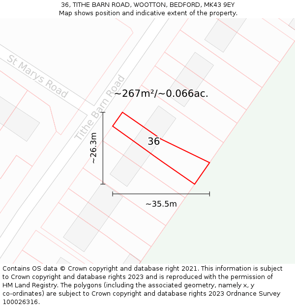 36, TITHE BARN ROAD, WOOTTON, BEDFORD, MK43 9EY: Plot and title map