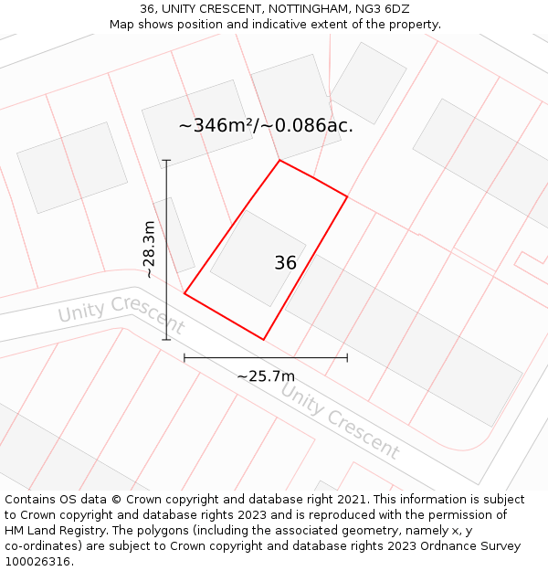 36, UNITY CRESCENT, NOTTINGHAM, NG3 6DZ: Plot and title map