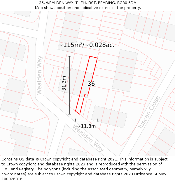 36, WEALDEN WAY, TILEHURST, READING, RG30 6DA: Plot and title map