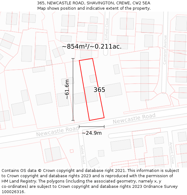 365, NEWCASTLE ROAD, SHAVINGTON, CREWE, CW2 5EA: Plot and title map