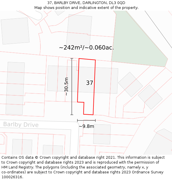 37, BARLBY DRIVE, DARLINGTON, DL3 0QD: Plot and title map