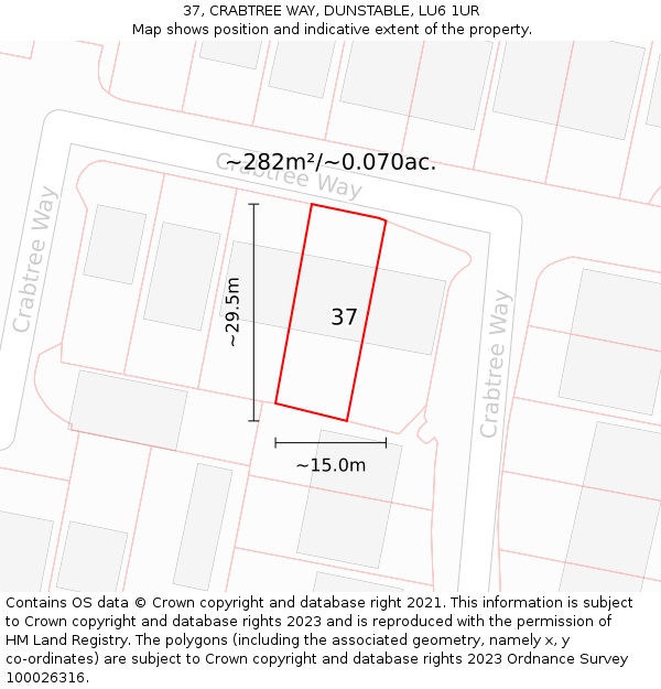 37, CRABTREE WAY, DUNSTABLE, LU6 1UR: Plot and title map