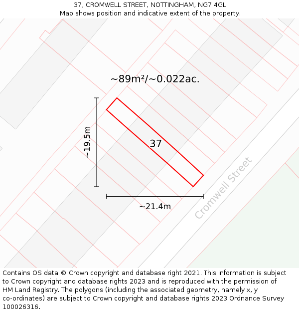 37, CROMWELL STREET, NOTTINGHAM, NG7 4GL: Plot and title map