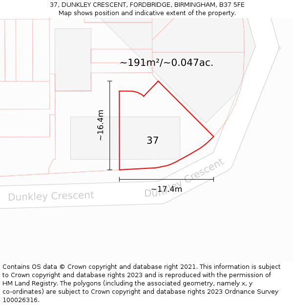 37, DUNKLEY CRESCENT, FORDBRIDGE, BIRMINGHAM, B37 5FE: Plot and title map