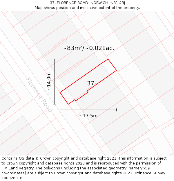 37, FLORENCE ROAD, NORWICH, NR1 4BJ: Plot and title map