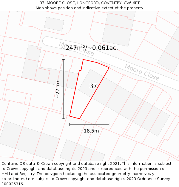 37, MOORE CLOSE, LONGFORD, COVENTRY, CV6 6PT: Plot and title map