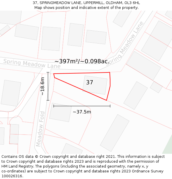 37, SPRINGMEADOW LANE, UPPERMILL, OLDHAM, OL3 6HL: Plot and title map