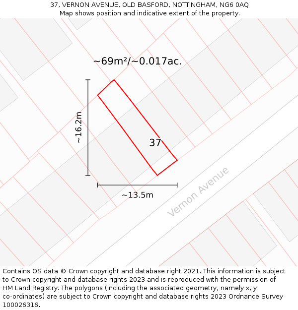 37, VERNON AVENUE, OLD BASFORD, NOTTINGHAM, NG6 0AQ: Plot and title map