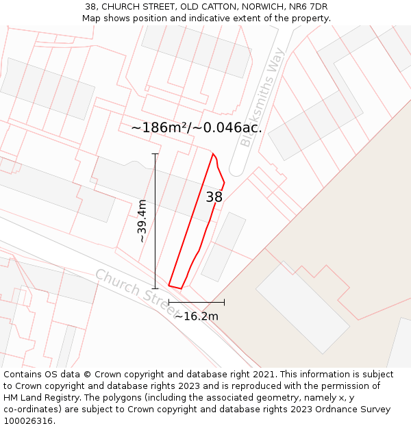 38, CHURCH STREET, OLD CATTON, NORWICH, NR6 7DR: Plot and title map