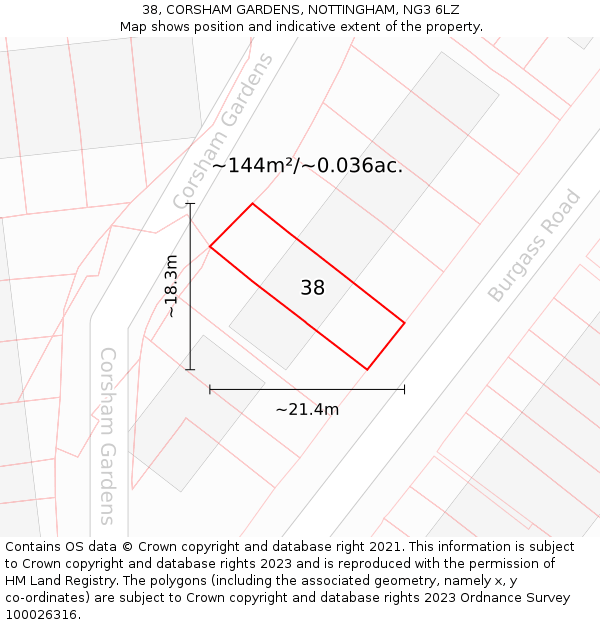 38, CORSHAM GARDENS, NOTTINGHAM, NG3 6LZ: Plot and title map